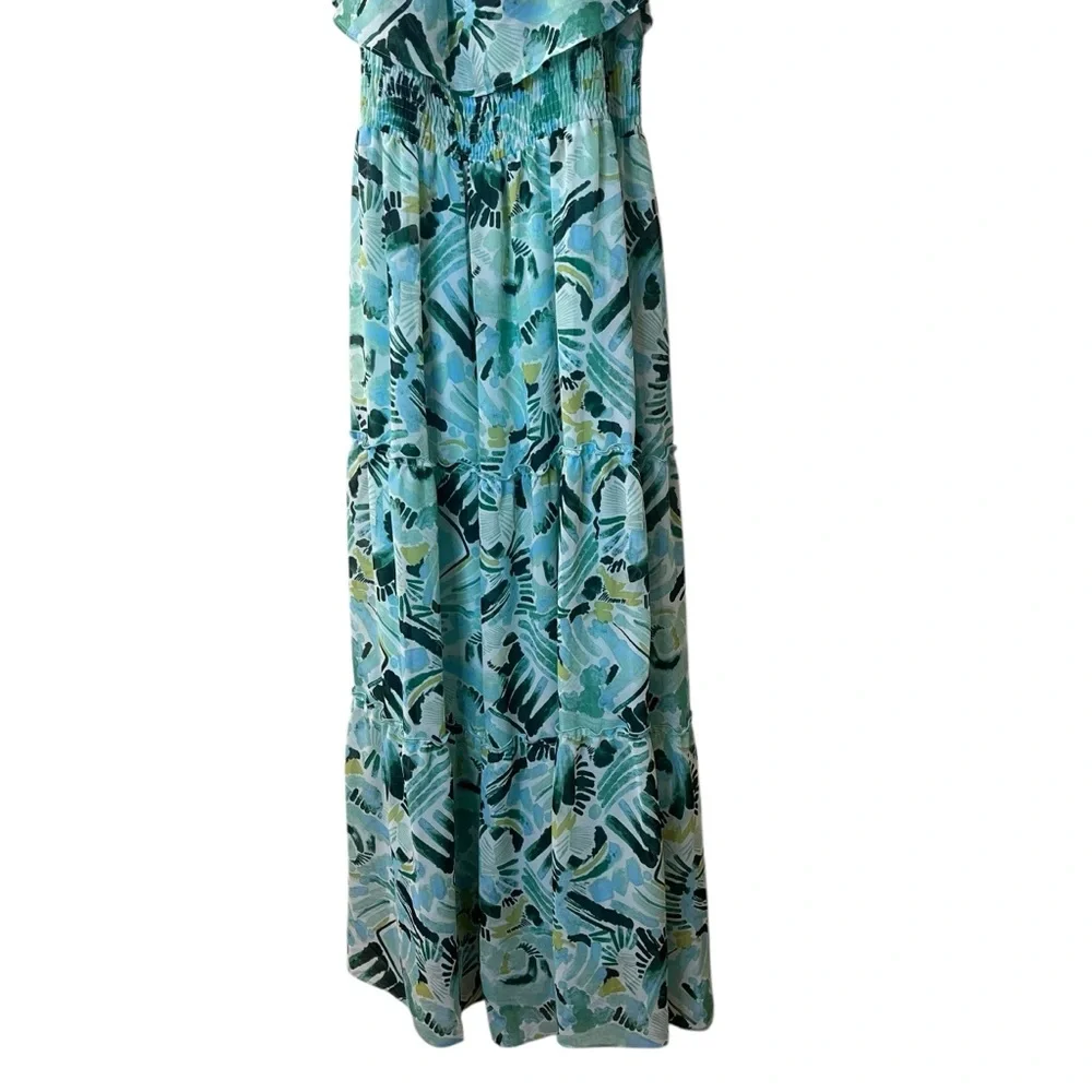 Rabbit Designs Tropical Off the Shoulder Smocked Waist Tiered Maxi Dress Sz 10